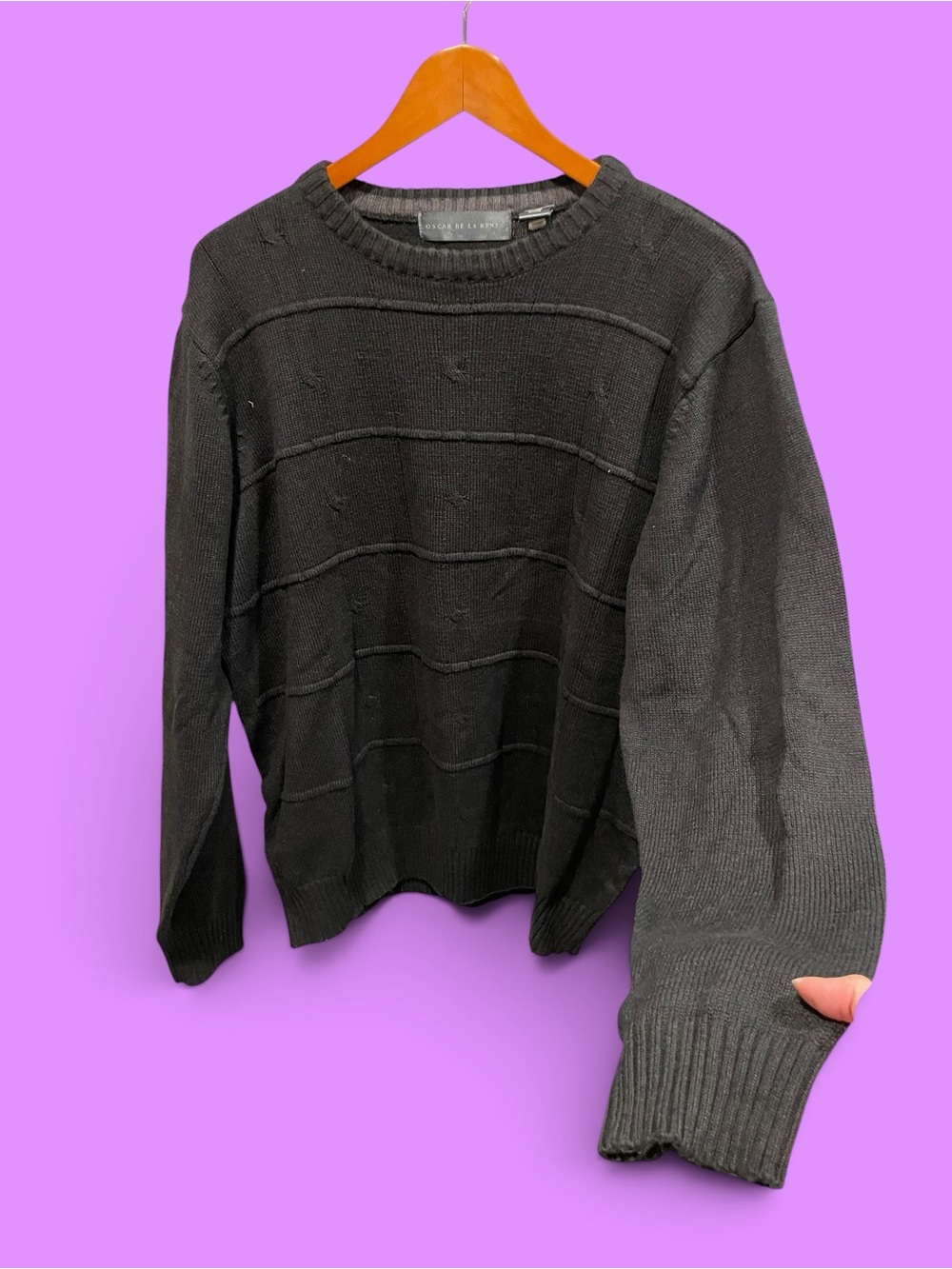 Classic Oscar de la Renta cable row cotton blend dark charcoal crew sweater